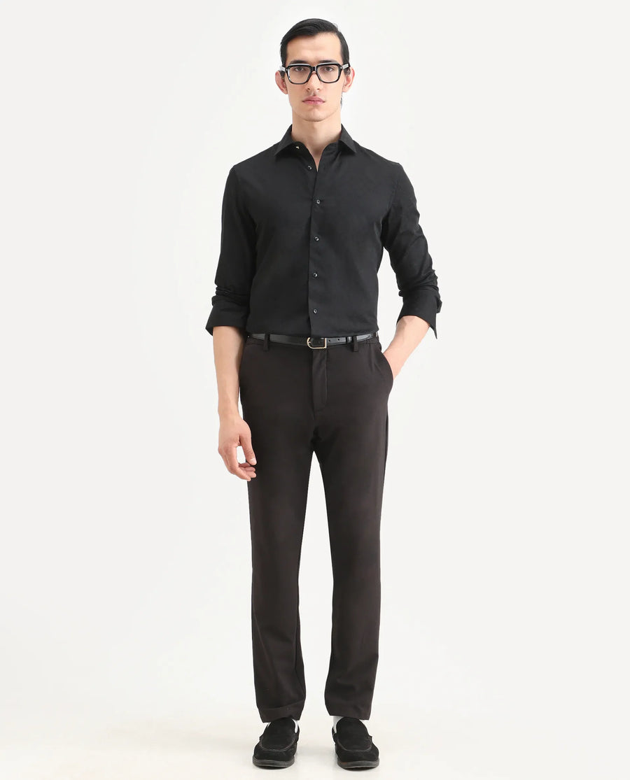 Rare Rabbit Men's Klut Black Cotton Blend Fabric Spread Collar Regular Fit Jacquard Shirt