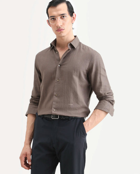 Rare Rabbit Men's Zail Brown Cotton Fabric Spread Collar Regular Fit Textured Shirt