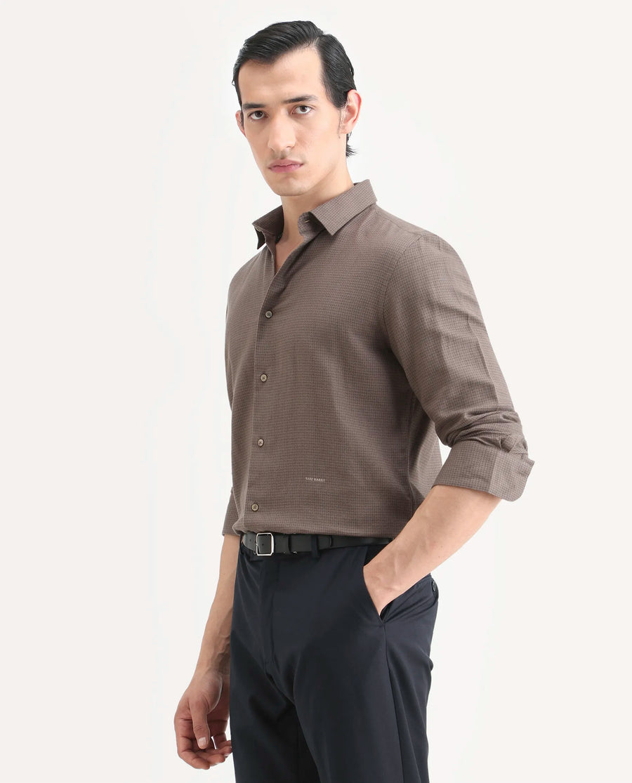 Rare Rabbit Men's Zail Brown Cotton Fabric Spread Collar Regular Fit Textured Shirt