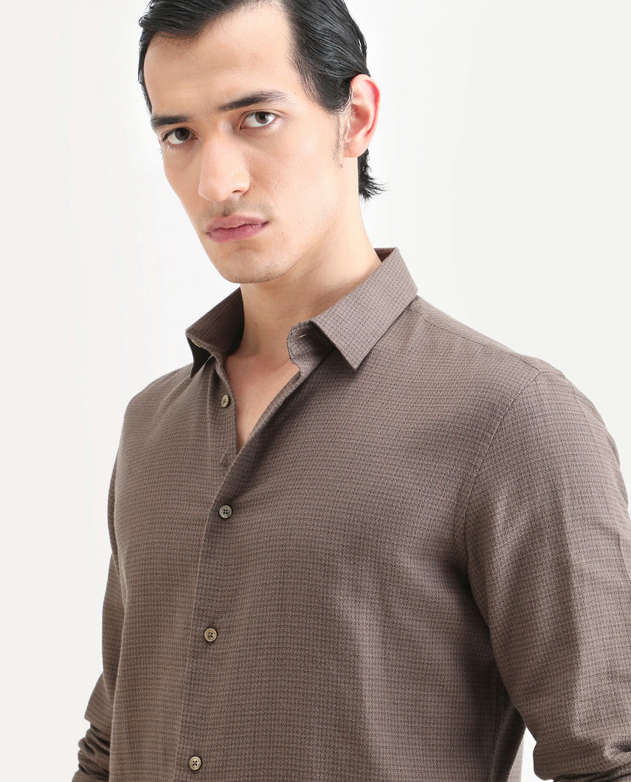 Rare Rabbit Men's Zail Brown Cotton Fabric Spread Collar Regular Fit Textured Shirt