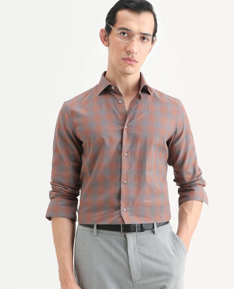 Rare Rabbit Men's Movo Dusky Rust Cotton Blend Checked Print Regular Fit Full Sleeve Collared Shirt