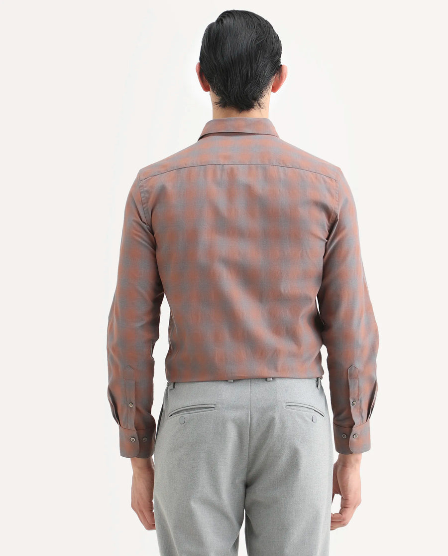 Rare Rabbit Men's Movo Dusky Rust Cotton Blend Checked Print Regular Fit Full Sleeve Collared Shirt