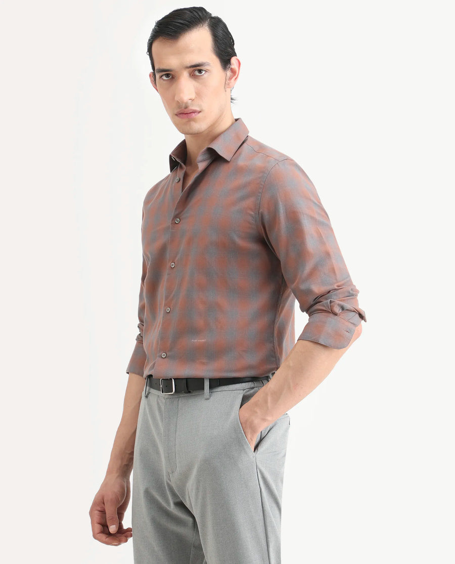 Rare Rabbit Men's Movo Dusky Rust Cotton Blend Checked Print Regular Fit Full Sleeve Collared Shirt