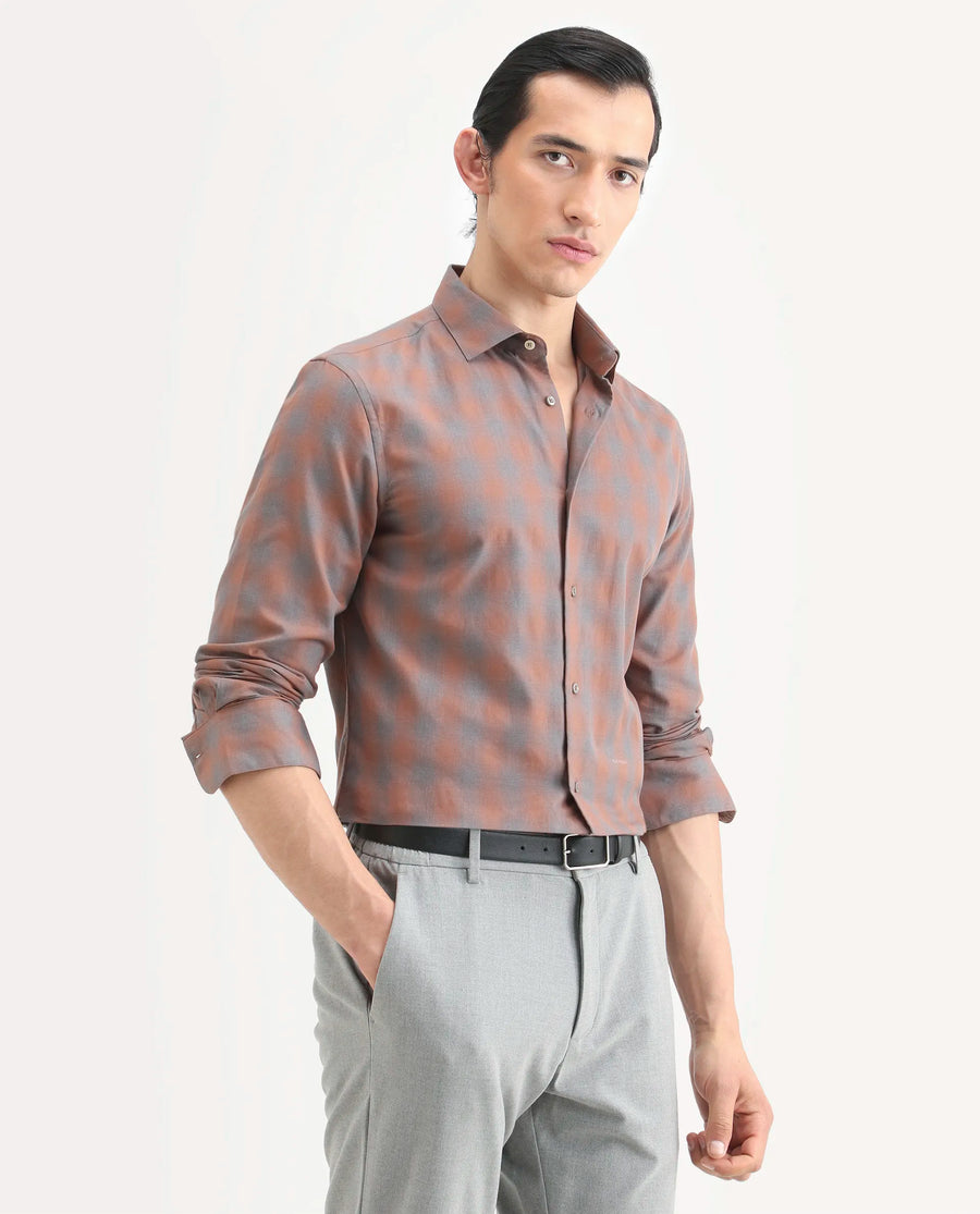 Rare Rabbit Men's Movo Dusky Rust Cotton Blend Checked Print Regular Fit Full Sleeve Collared Shirt