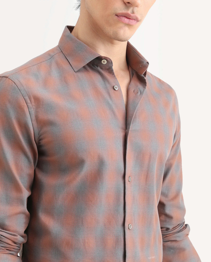 Rare Rabbit Men's Movo Dusky Rust Cotton Blend Checked Print Regular Fit Full Sleeve Collared Shirt