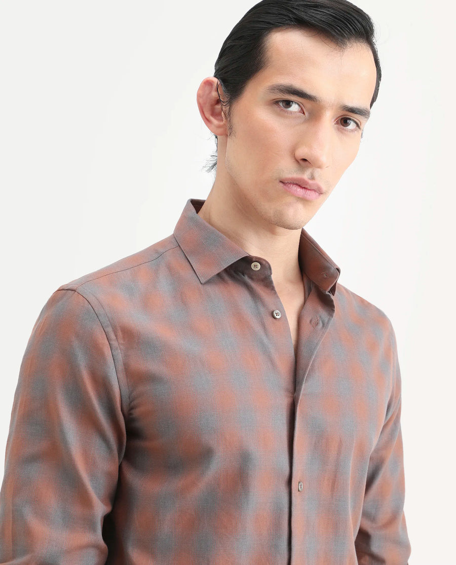 Rare Rabbit Men's Movo Dusky Rust Cotton Blend Checked Print Regular Fit Full Sleeve Collared Shirt
