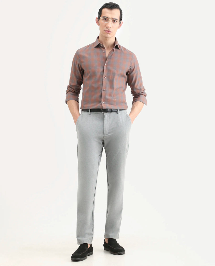 Rare Rabbit Men's Movo Dusky Rust Cotton Blend Checked Print Regular Fit Full Sleeve Collared Shirt