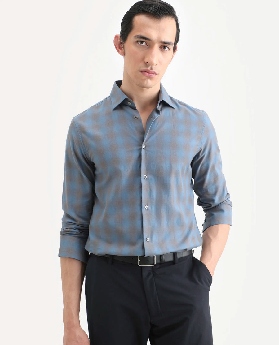 Rare Rabbit Men's Movo Dusky Blue Cotton Blend Checked Print Regular Fit Full Sleeve Collared Shirt
