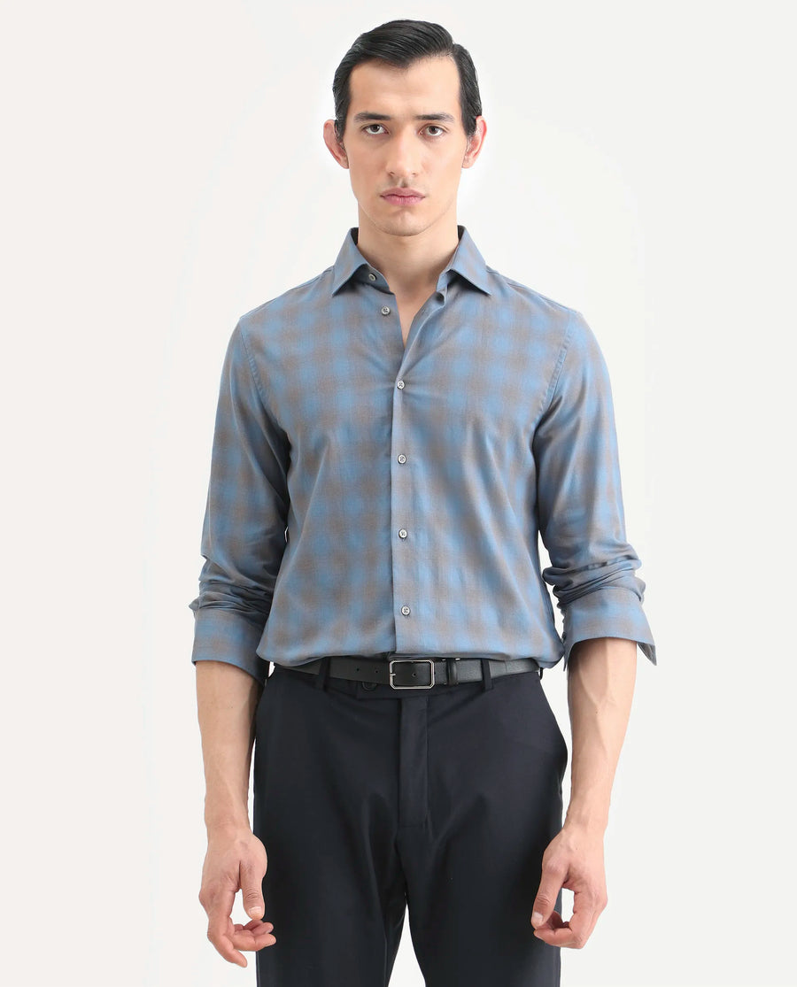 Rare Rabbit Men's Movo Dusky Blue Cotton Blend Checked Print Regular Fit Full Sleeve Collared Shirt