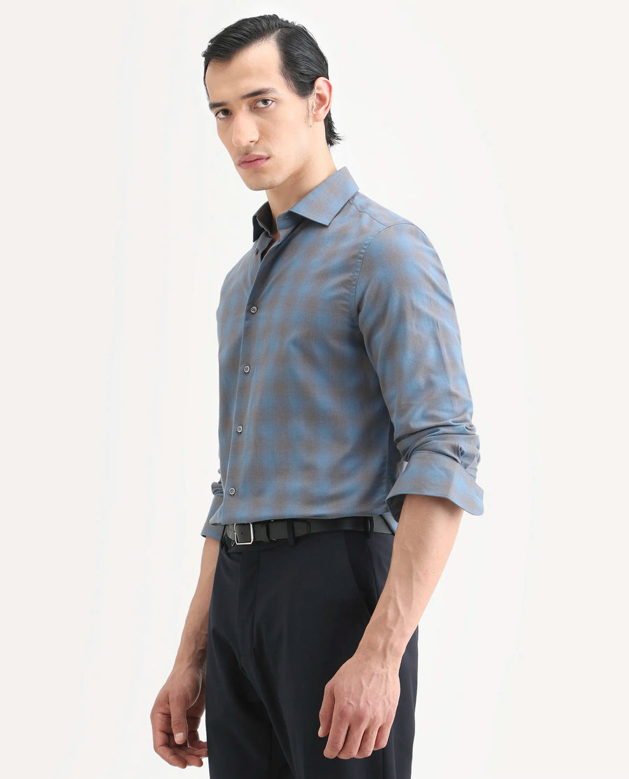 Rare Rabbit Men's Movo Dusky Blue Cotton Blend Checked Print Regular Fit Full Sleeve Collared Shirt
