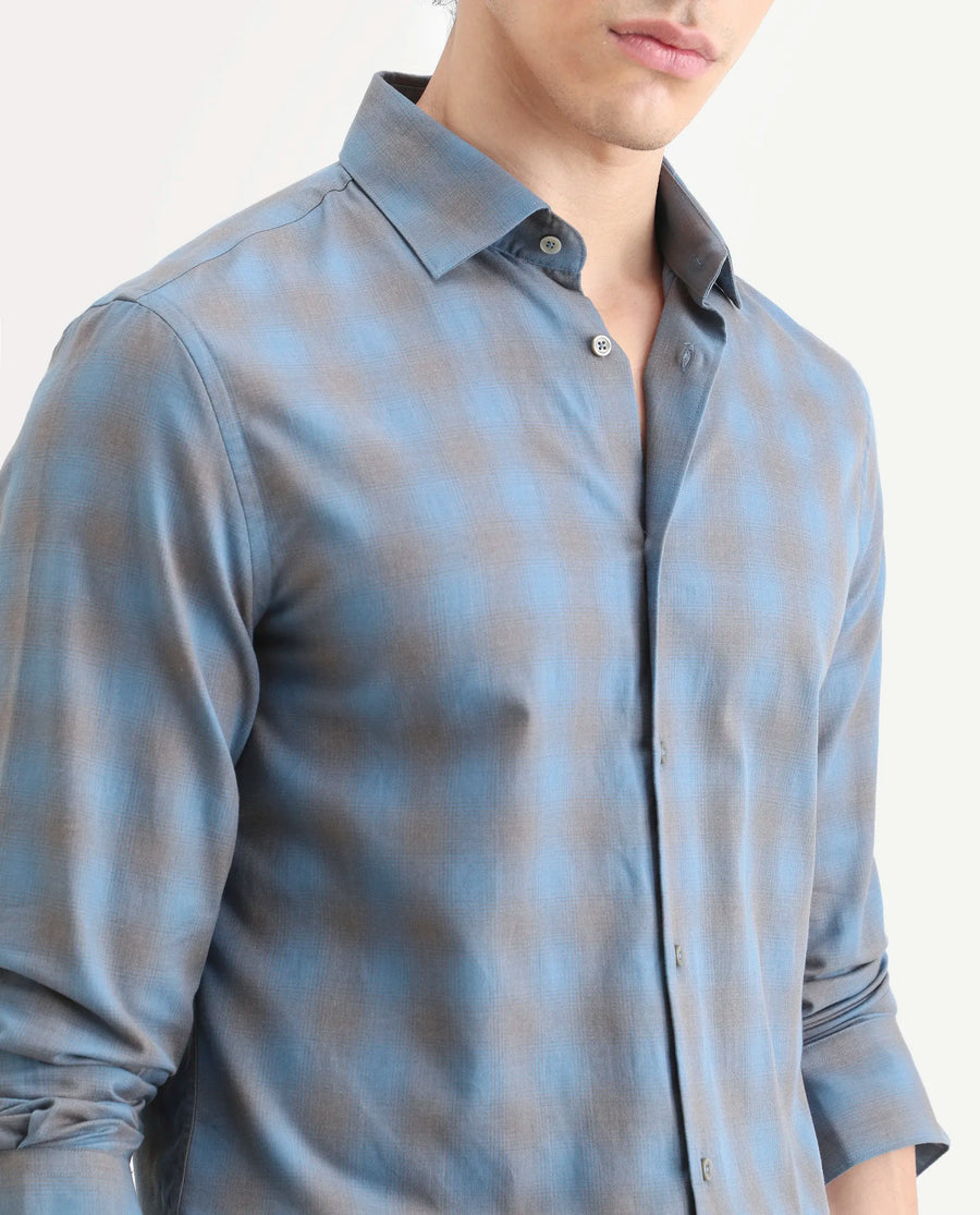Rare Rabbit Men's Movo Dusky Blue Cotton Blend Checked Print Regular Fit Full Sleeve Collared Shirt