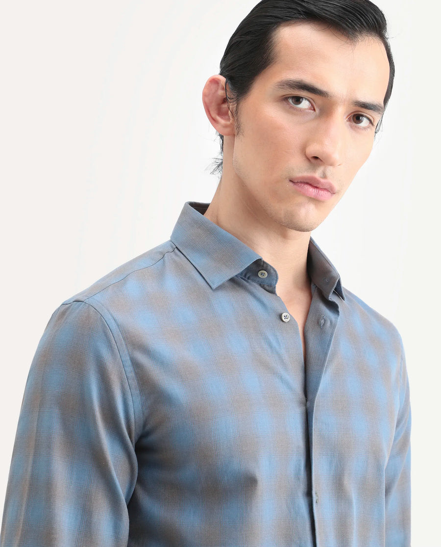 Rare Rabbit Men's Movo Dusky Blue Cotton Blend Checked Print Regular Fit Full Sleeve Collared Shirt