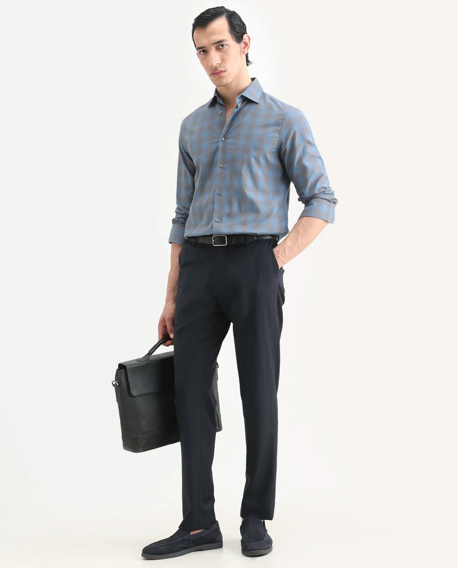 Rare Rabbit Men's Movo Dusky Blue Cotton Blend Checked Print Regular Fit Full Sleeve Collared Shirt