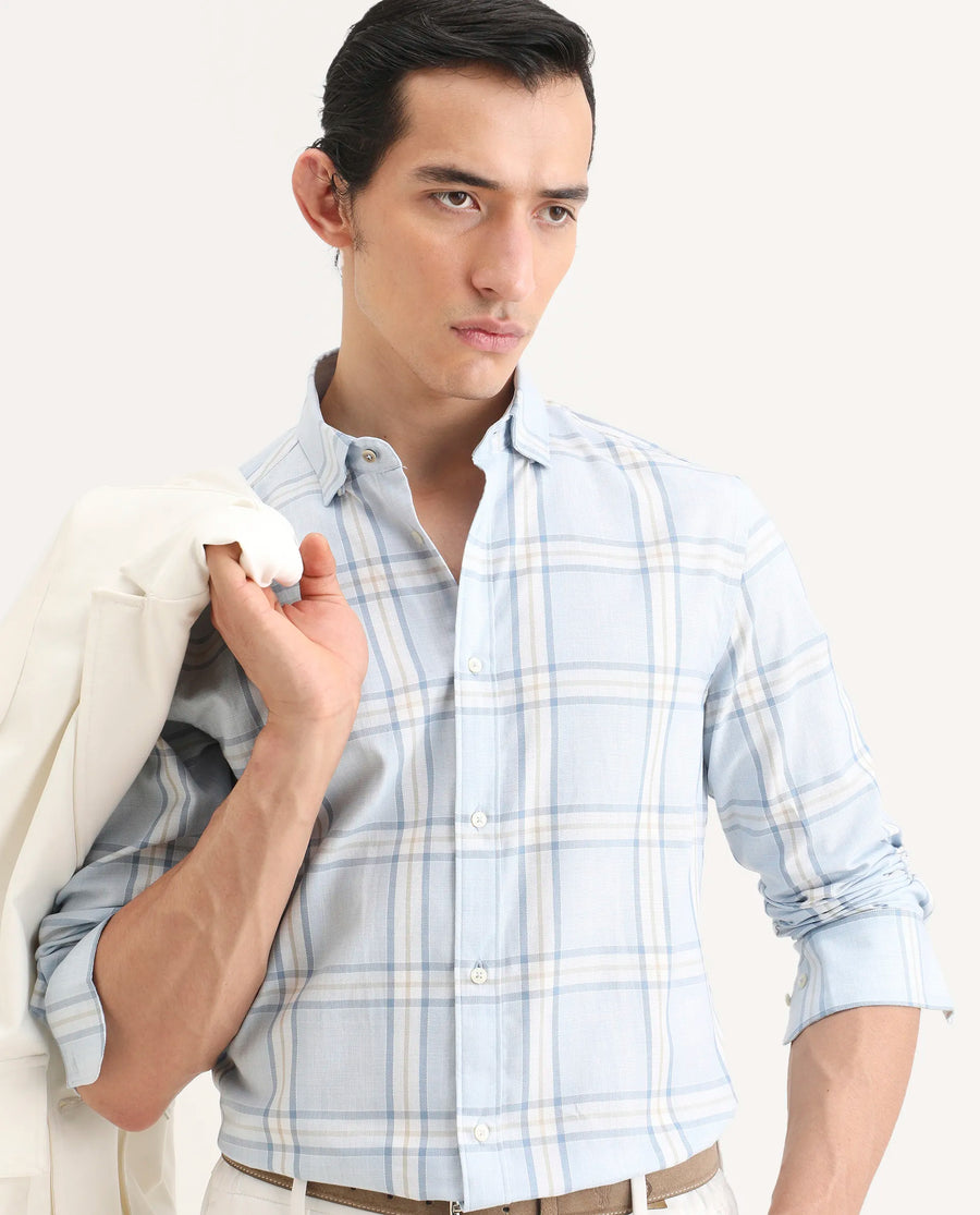 Rare Rabbit Men's Suni Light Blue Cotton Fabric Collared Neck Regular Checked Shirt