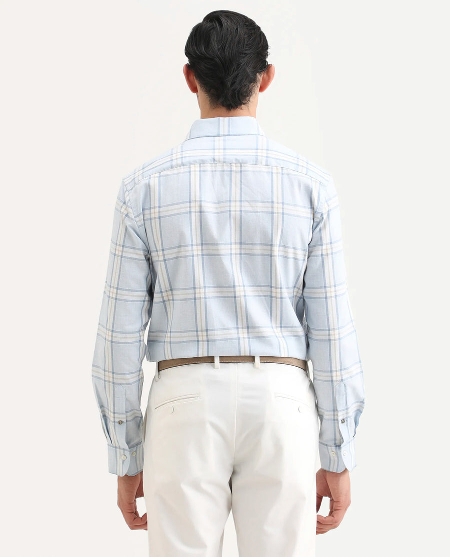 Rare Rabbit Men's Suni Light Blue Cotton Fabric Collared Neck Regular Checked Shirt