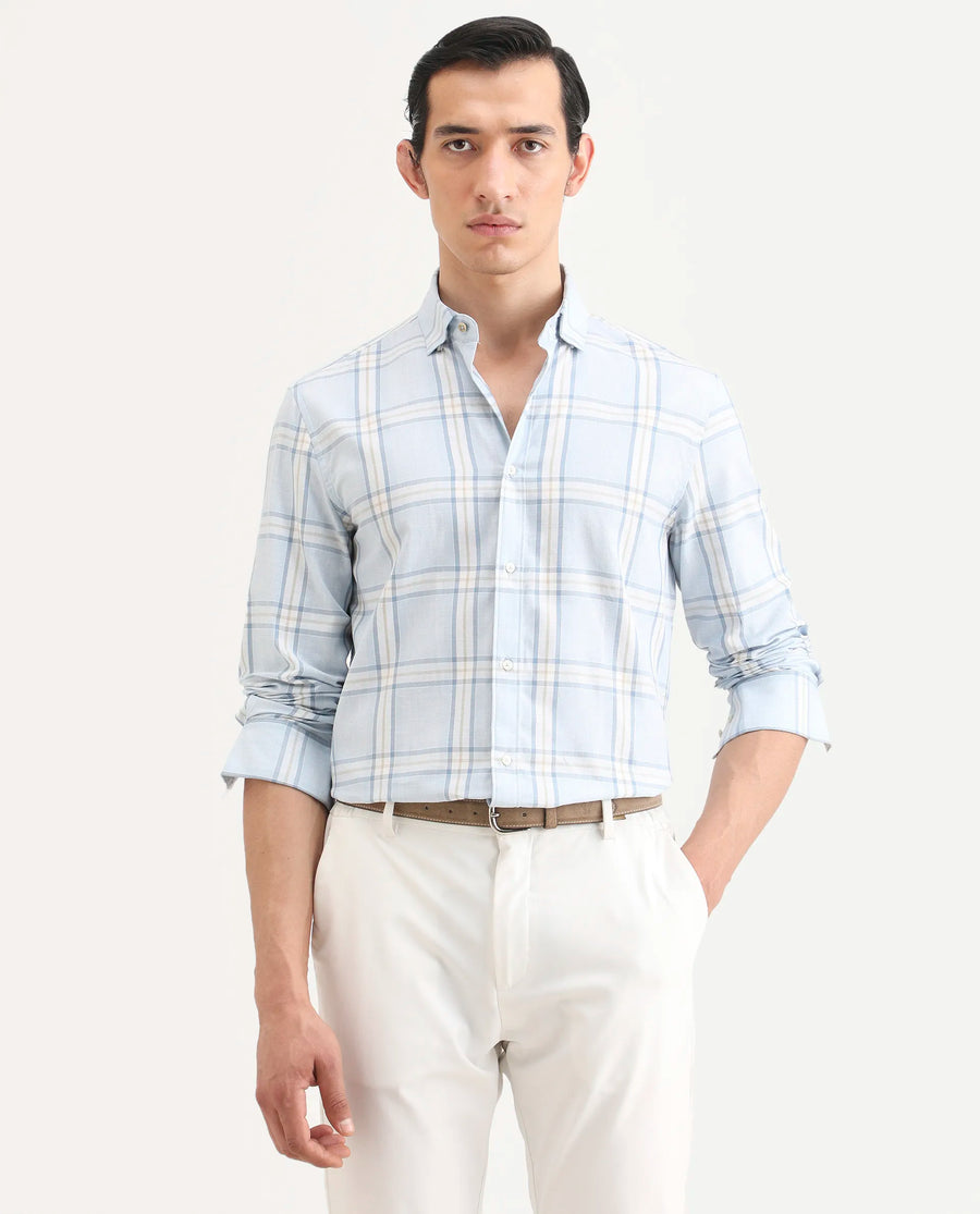 Rare Rabbit Men's Suni Light Blue Cotton Fabric Collared Neck Regular Checked Shirt