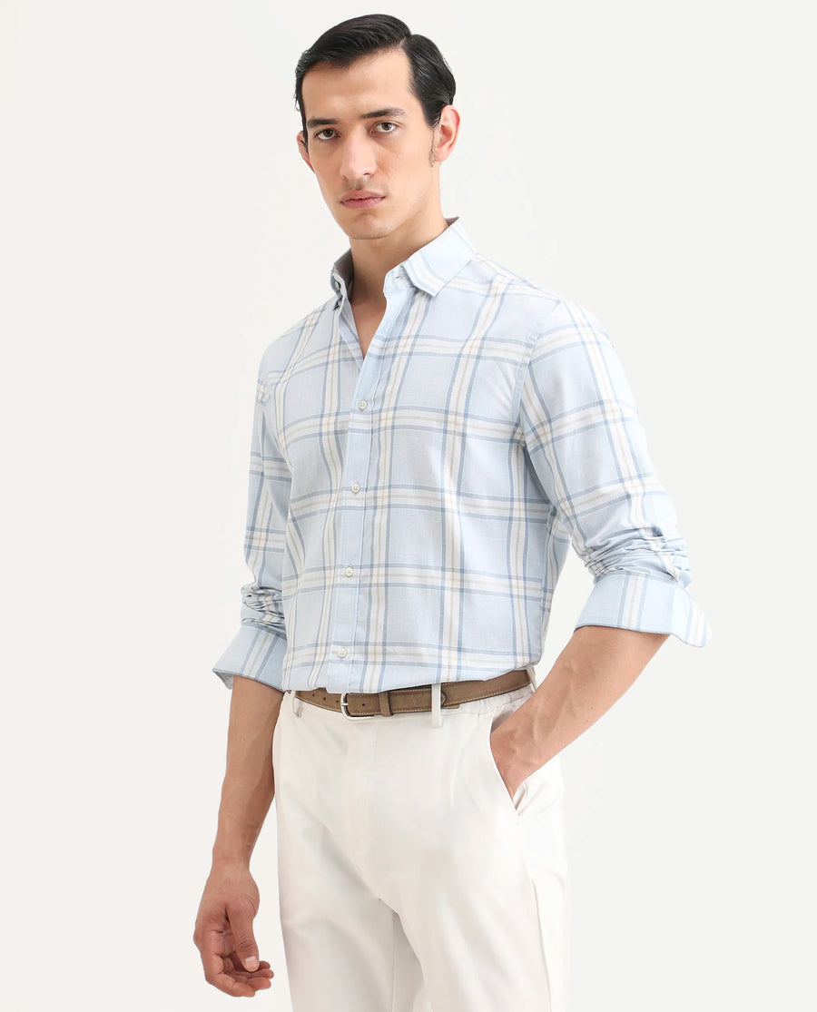 Rare Rabbit Men's Suni Light Blue Cotton Fabric Collared Neck Regular Checked Shirt