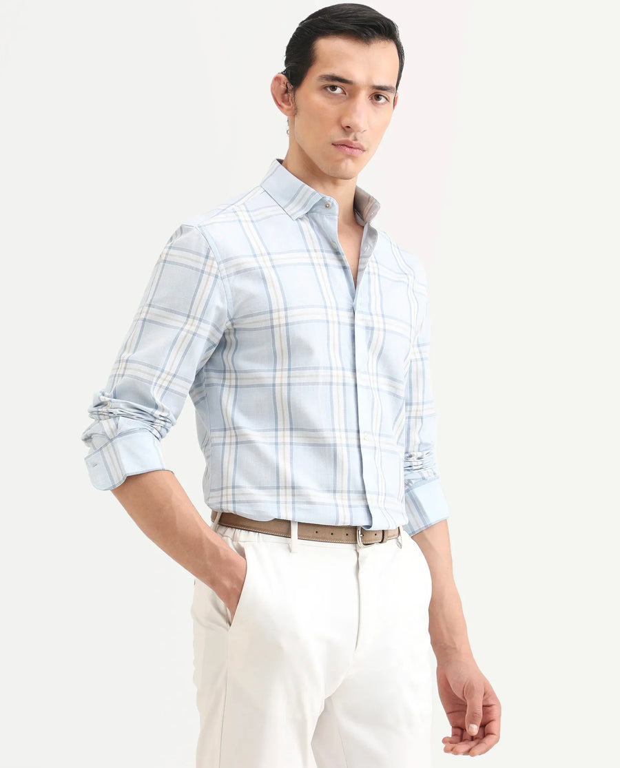 Rare Rabbit Men's Suni Light Blue Cotton Fabric Collared Neck Regular Checked Shirt