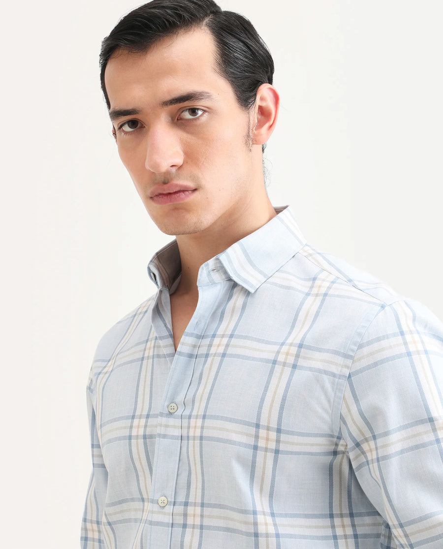 Rare Rabbit Men's Suni Light Blue Cotton Fabric Collared Neck Regular Checked Shirt