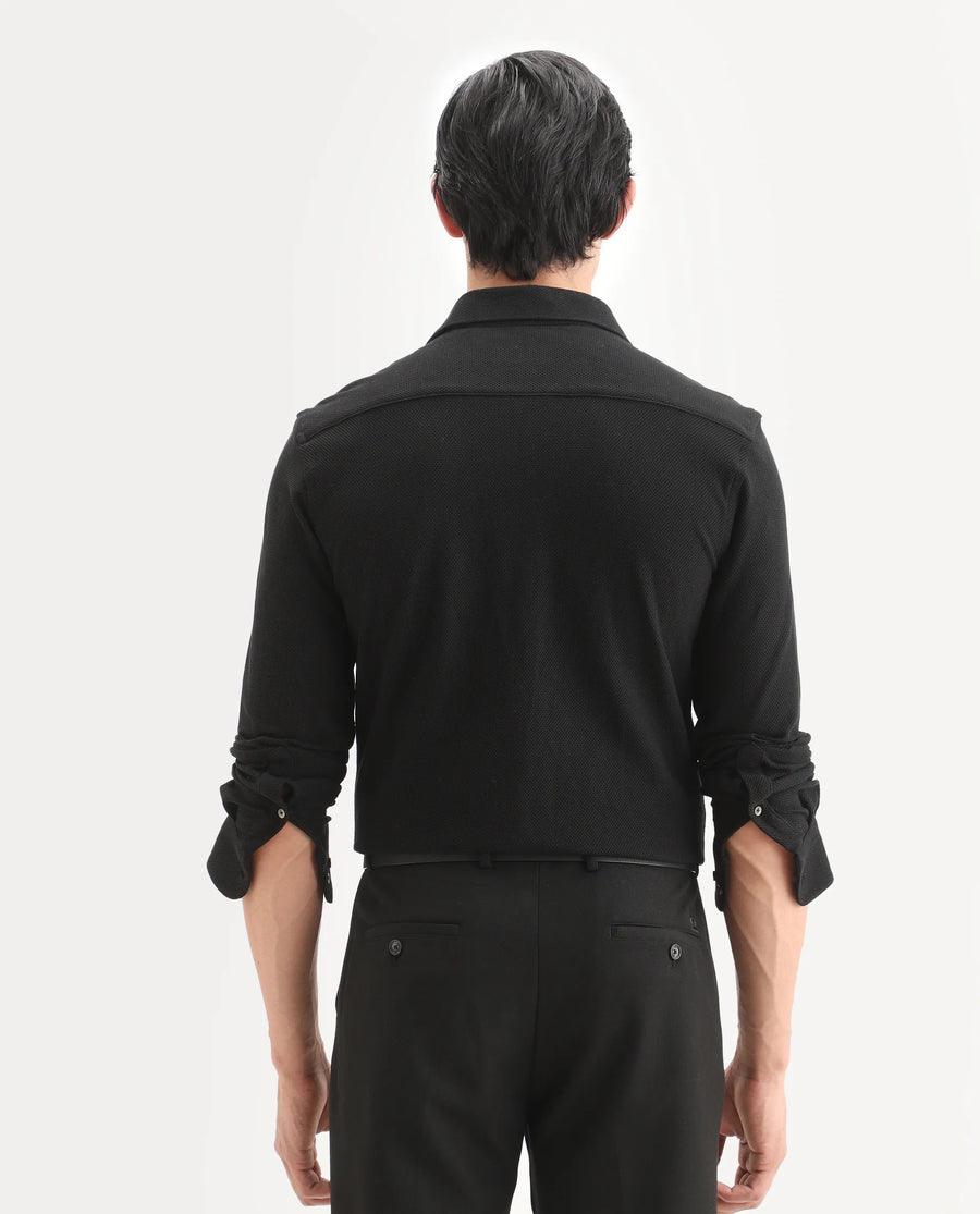 Rare Rabbit Men's Venziya-25 Black Cotton Fabric Spread Collar Regular Fit Textured Shirt