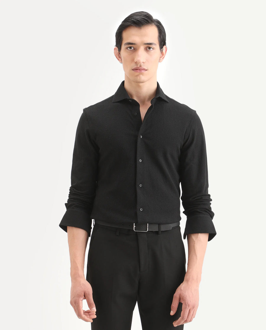 Rare Rabbit Men's Venziya-25 Black Cotton Fabric Spread Collar Regular Fit Textured Shirt