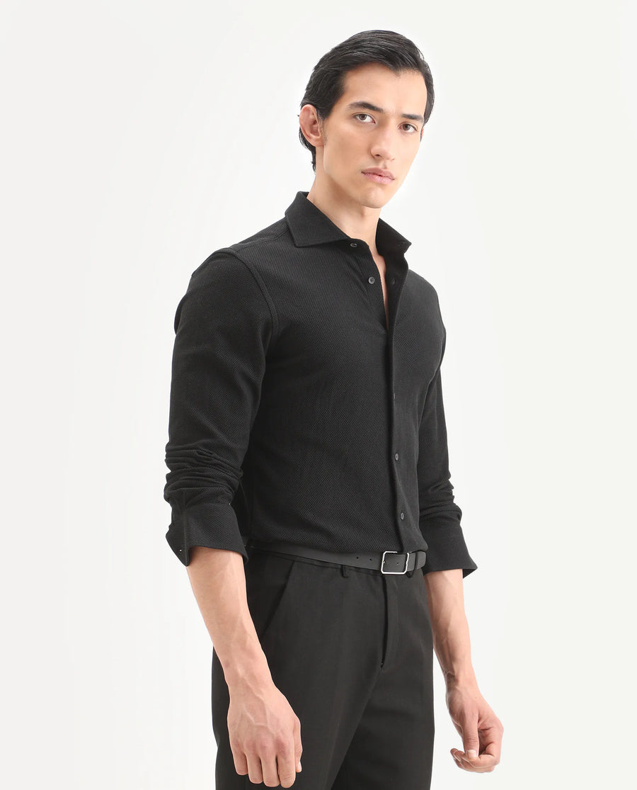 Rare Rabbit Men's Venziya-25 Black Cotton Fabric Spread Collar Regular Fit Textured Shirt