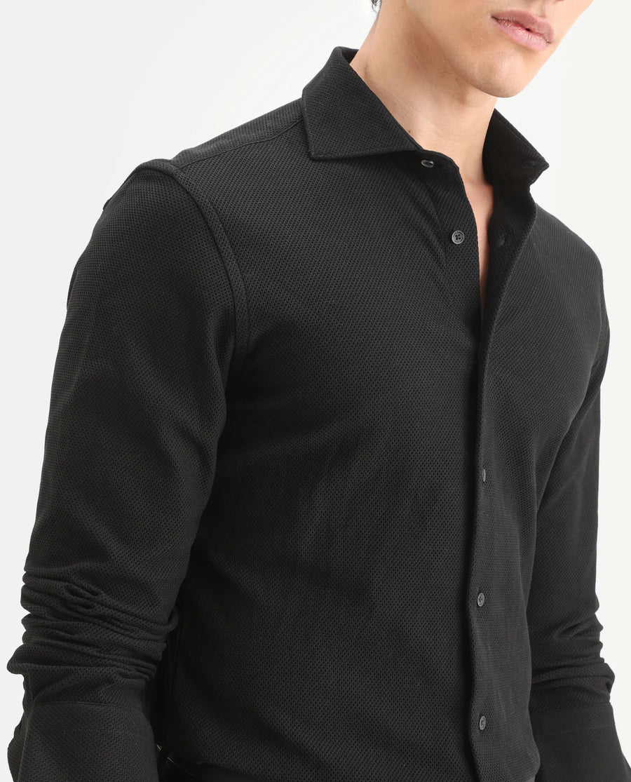 Rare Rabbit Men's Venziya-25 Black Cotton Fabric Spread Collar Regular Fit Textured Shirt