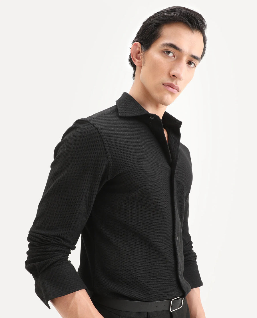 Rare Rabbit Men's Venziya-25 Black Cotton Fabric Spread Collar Regular Fit Textured Shirt