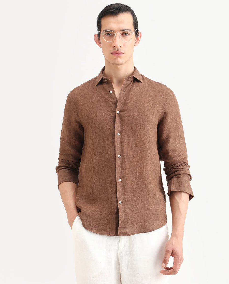 Rare Rabbit Men's Borium-25 Brown 100% Linen Fabric Spread Collar Regular Fit Plain Shirt