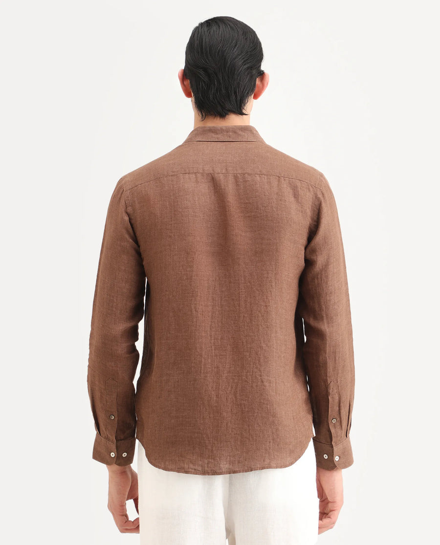 Rare Rabbit Men's Borium-25 Brown 100% Linen Fabric Spread Collar Regular Fit Plain Shirt