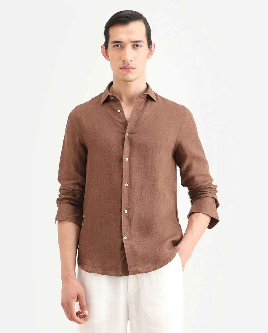 Rare Rabbit Men's Borium-25 Brown 100% Linen Fabric Spread Collar Regular Fit Plain Shirt