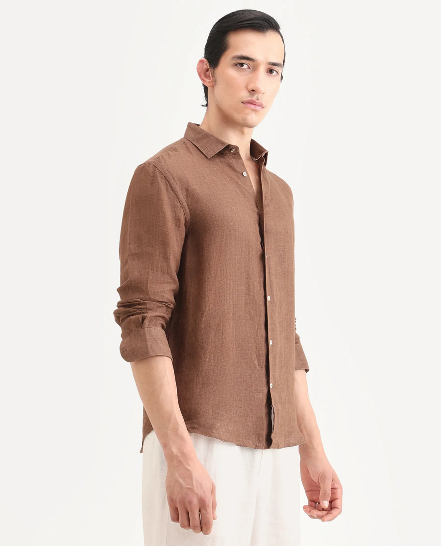 Rare Rabbit Men's Borium-25 Brown 100% Linen Fabric Spread Collar Regular Fit Plain Shirt