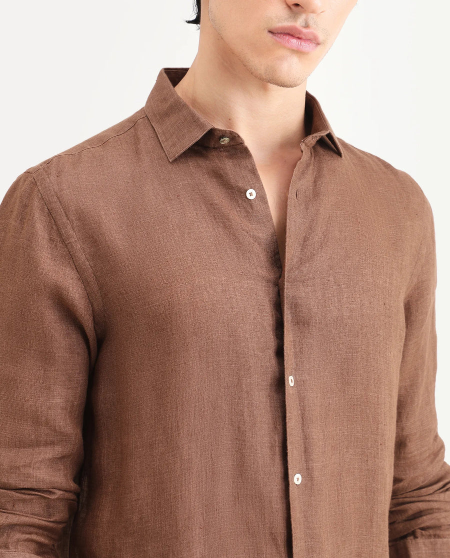 Rare Rabbit Men's Borium-25 Brown 100% Linen Fabric Spread Collar Regular Fit Plain Shirt