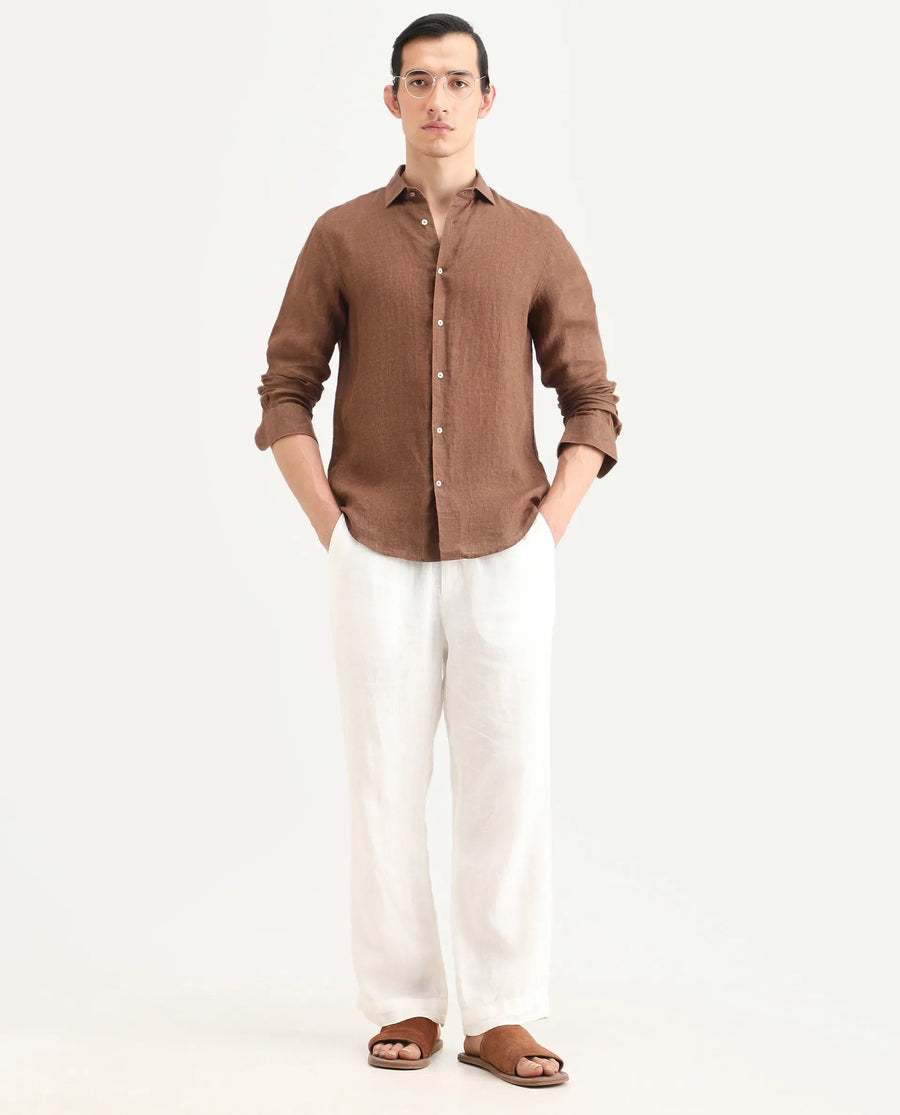 Rare Rabbit Men's Borium-25 Brown 100% Linen Fabric Spread Collar Regular Fit Plain Shirt