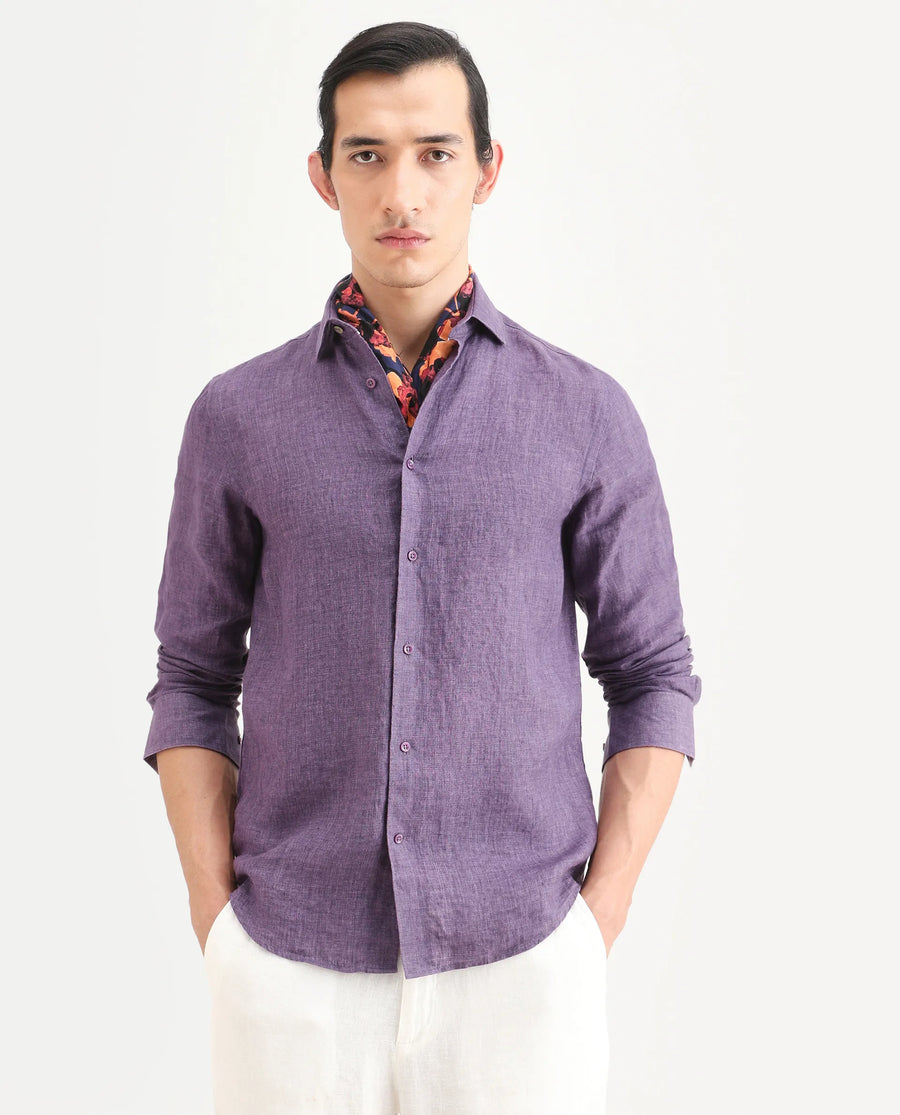 Rare Rabbit Men's Borium-25 Purple 100% Linen Fabric Spread Collar Regular Fit Plain Shirt