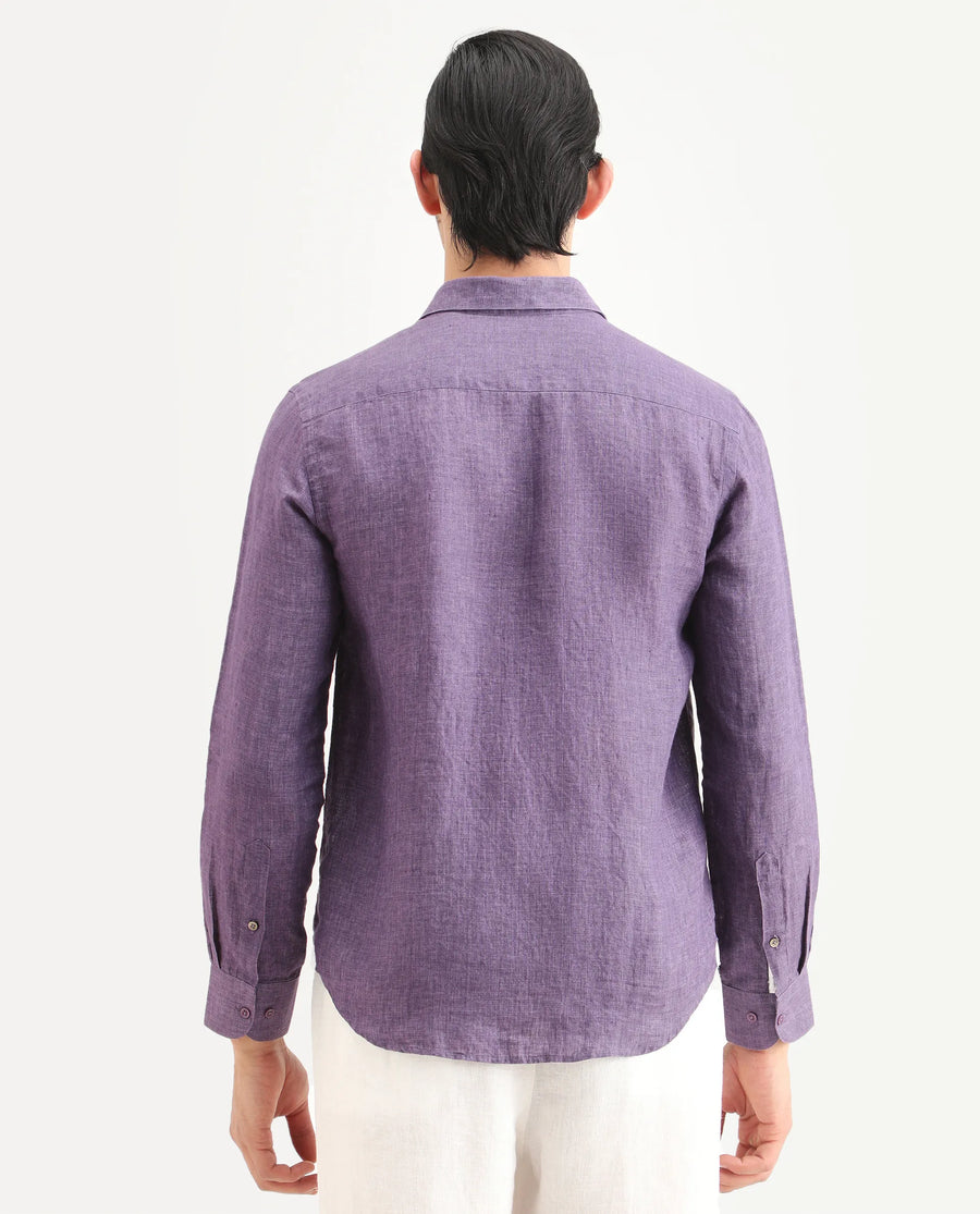 Rare Rabbit Men's Borium-25 Purple 100% Linen Fabric Spread Collar Regular Fit Plain Shirt