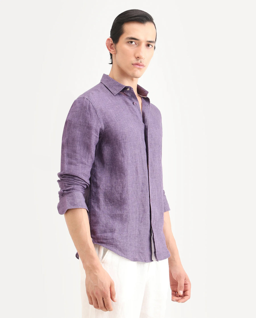 Rare Rabbit Men's Borium-25 Purple 100% Linen Fabric Spread Collar Regular Fit Plain Shirt