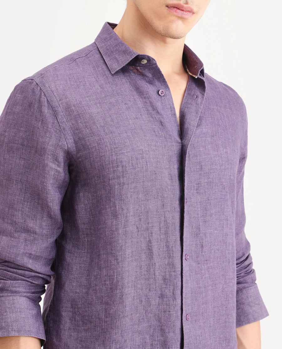 Rare Rabbit Men's Borium-25 Purple 100% Linen Fabric Spread Collar Regular Fit Plain Shirt