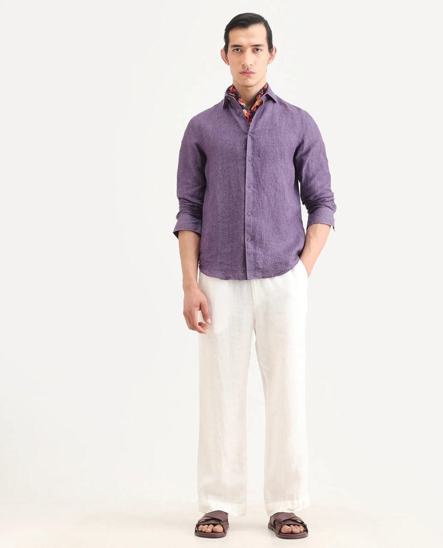 Rare Rabbit Men's Borium-25 Purple 100% Linen Fabric Spread Collar Regular Fit Plain Shirt