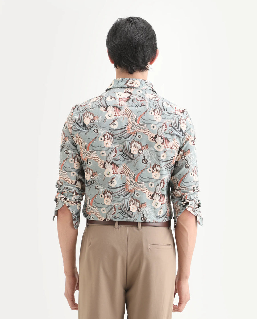 Rare Rabbit Men's Yori Dusky Green Cotton Fabric Collared Neck Regular Printed Shirt