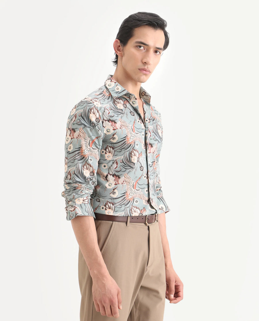 Rare Rabbit Men's Yori Dusky Green Cotton Fabric Collared Neck Regular Printed Shirt