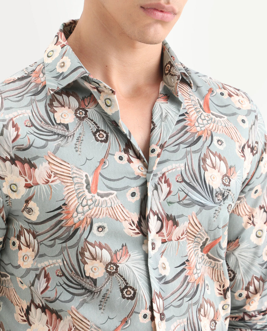 Rare Rabbit Men's Yori Dusky Green Cotton Fabric Collared Neck Regular Printed Shirt