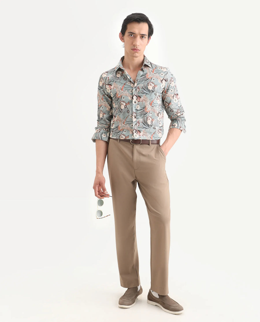 Rare Rabbit Men's Yori Dusky Green Cotton Fabric Collared Neck Regular Printed Shirt