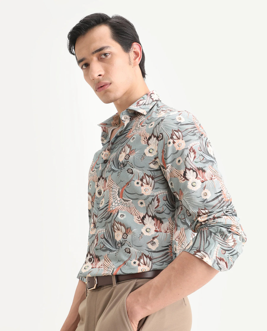 Rare Rabbit Men's Yori Dusky Green Cotton Fabric Collared Neck Regular Printed Shirt