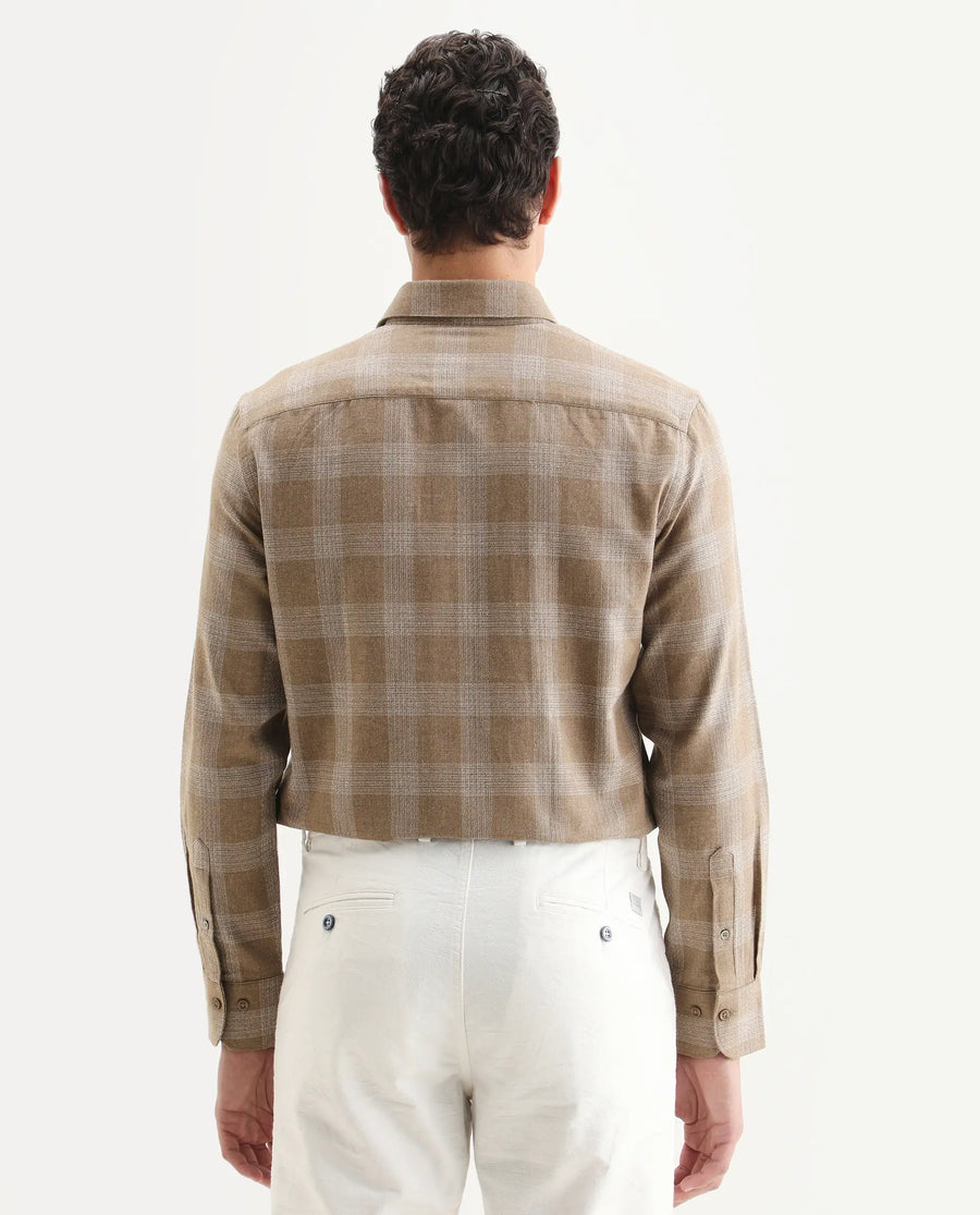 Rare Rabbit Men's Sovie Dark Brown Cotton Blend Fabric Spread Collar Regular Fit Checked Shirt