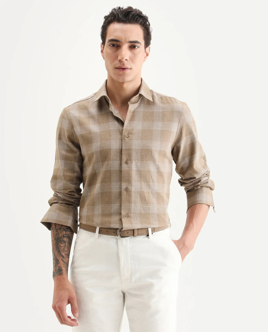 Rare Rabbit Men's Sovie Dark Brown Cotton Blend Fabric Spread Collar Regular Fit Checked Shirt