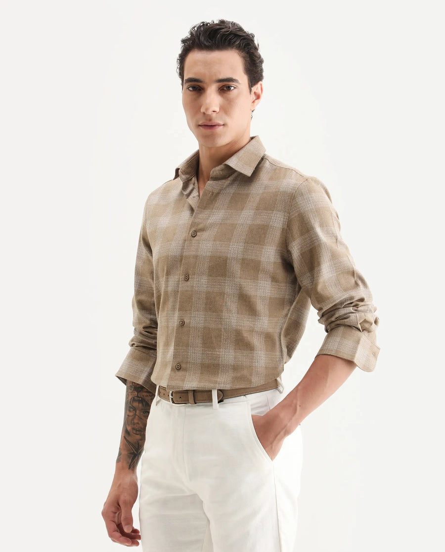 Rare Rabbit Men's Sovie Dark Brown Cotton Blend Fabric Spread Collar Regular Fit Checked Shirt