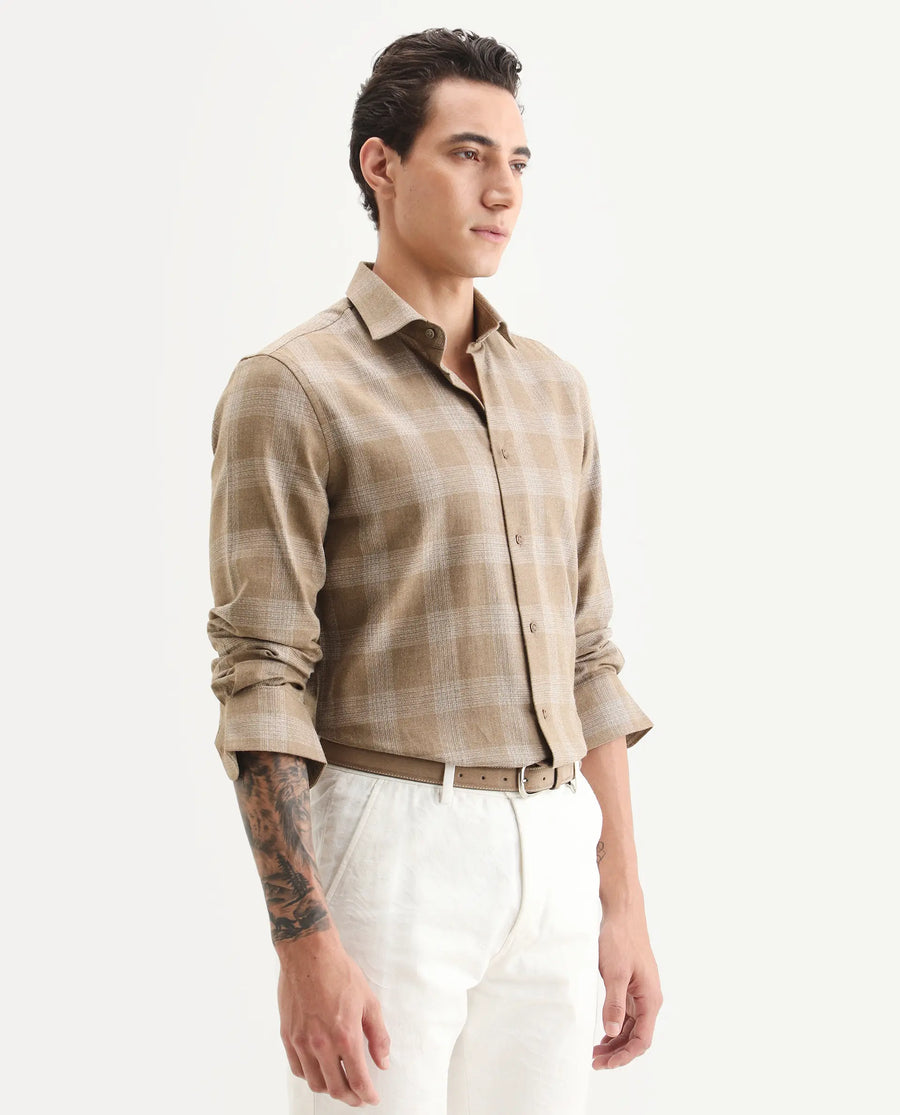 Rare Rabbit Men's Sovie Dark Brown Cotton Blend Fabric Spread Collar Regular Fit Checked Shirt