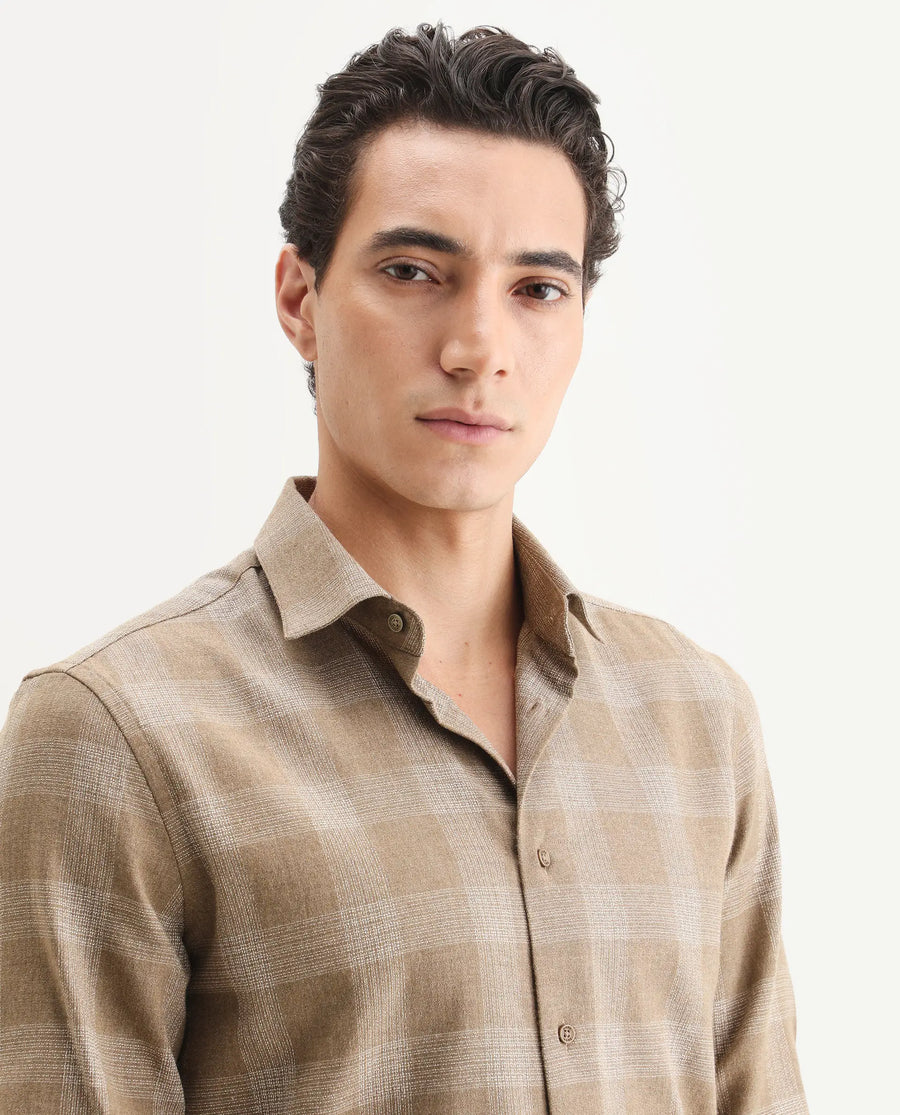 Rare Rabbit Men's Sovie Dark Brown Cotton Blend Fabric Spread Collar Regular Fit Checked Shirt