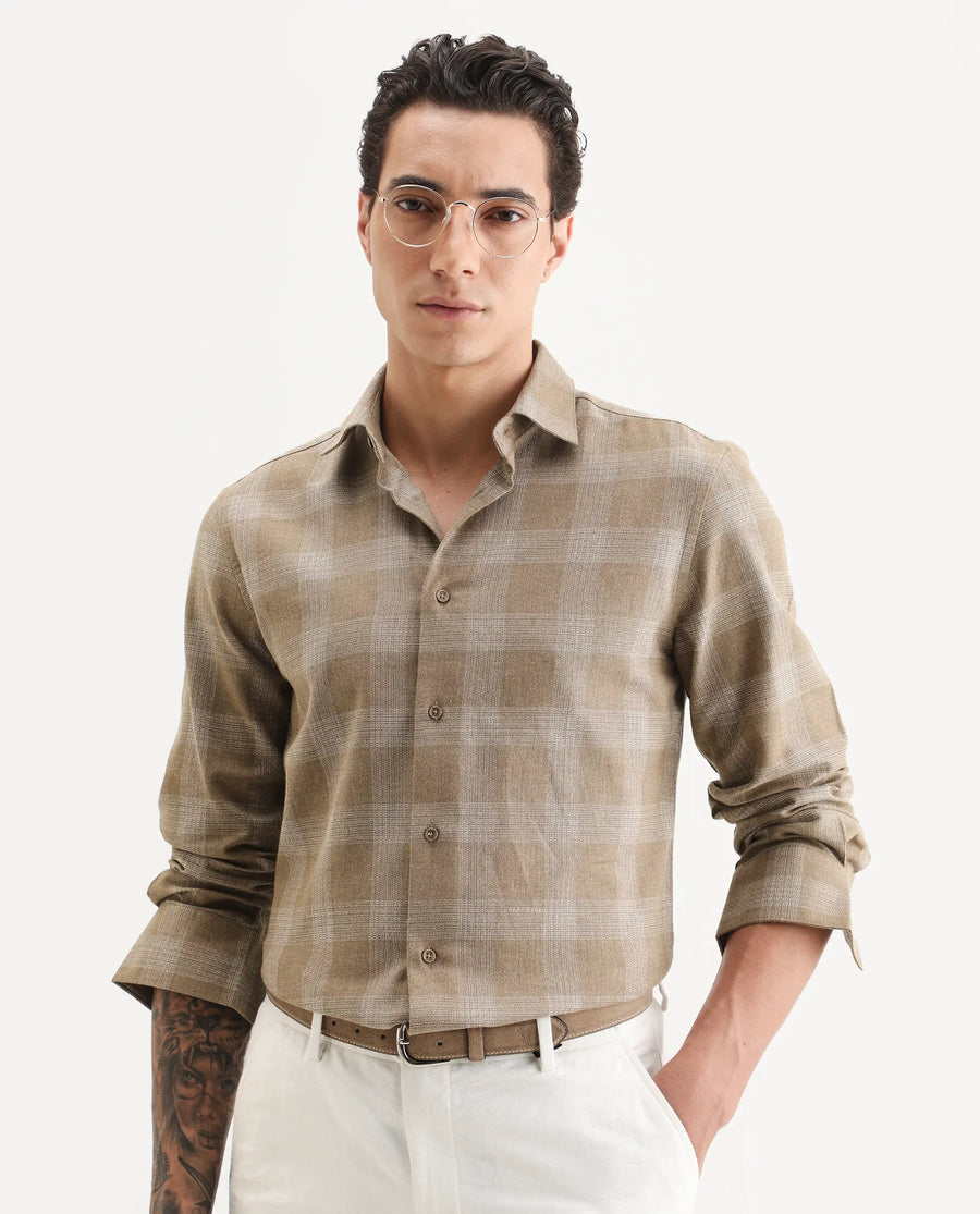 Rare Rabbit Men's Sovie Dark Brown Cotton Blend Fabric Spread Collar Regular Fit Checked Shirt